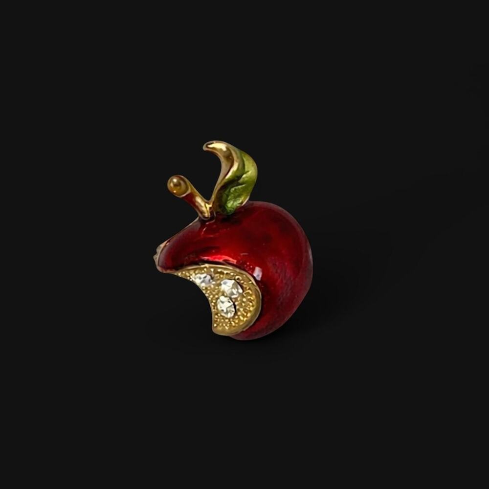 vintage 80s gold tone enamel red apple brooch eclectic whimsical jewelry pin